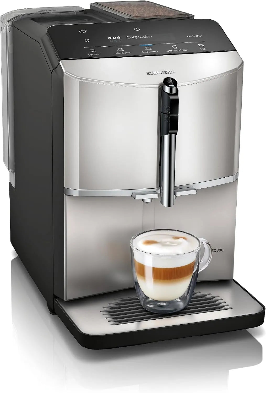 Siemens EQ300 TF303E07, Fuldautomatiske kaffemaskiner, kaffe fuldautomatisk, farve LCD skærm, mælk skum dyse til cappuccino, latte, Sølv