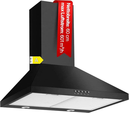 Amica, Væghængte emhætter, pejs hætte 60 cm 601 m3 / h udstødningsluft tryk trykknap LED belysning efter, Sort, 60 cm, 150 mm