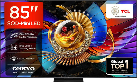 TCL 85Q7D, Bærbare TV'er, Pro SQD Mini LED 85 tommer TV, 4K Smart TV, Google TV, Sort, Mini LED, 4K, 144 Hz, 288 Hz