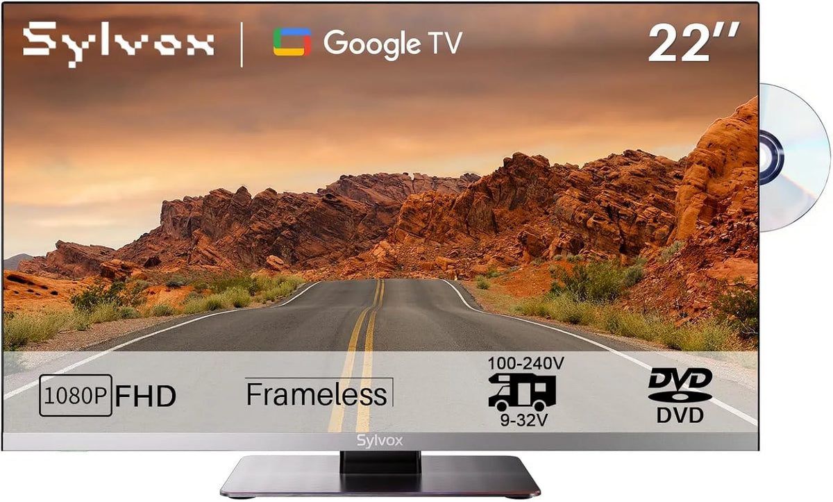 SYLVOX DVB/T2/S2 1080P, TV'er, 22 tommer 12V TV til autocamper, Smart Google TV med DVD-afspiller, FHD, uden, Sort, 12V, 32V, 4G, 8V