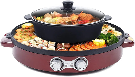 wanwanper, Elektriske varmekedler, 18.5cm 2 i 1 Elektrisk varm gryde og grill, elektrisk ovn dobbelt separation, Sort / sølv, 18.5cm, 2200 W