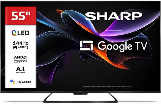 SHARP 55HR7265E, TV'er, 55 tommer 4K 144Hz QLED Gaming TVâ €™ med Google TV & VRR, Sort, 4K, 144Hz, QLED, 139 cm