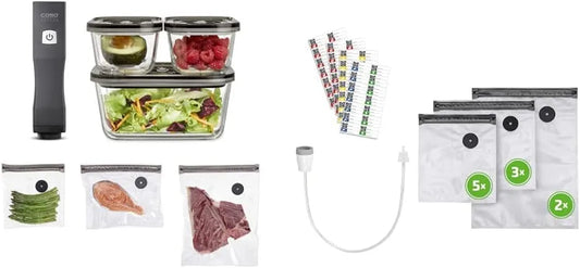 Caso, Til driftsspænding over 1000 volt, Vacu OneTouch Eco- Set, hånd støvsuger herunder 3 glas vakuumbeholdere, 10 ZIP, Gennemsigtig, 3 g