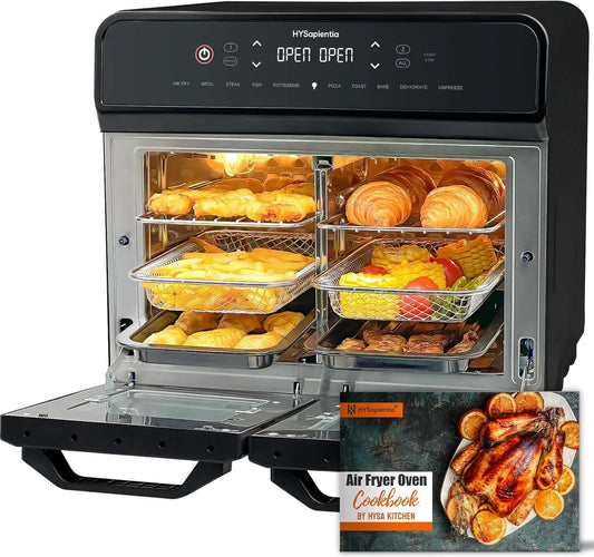HYSapientia, Airfryere, 22L varmluftsfrier 2 kamre XXL mini ovn med cirkulerende luft, LED touchscreen, Sølv, 22L, 360 g, 2400W, 1V