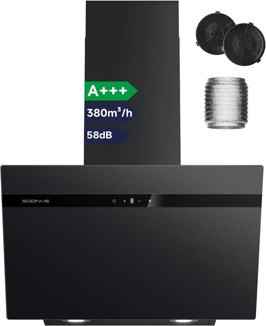 Soonye, Væghængte emhætter, A + + + Fumeudsugningshætte 60cm cirkulerende luft, hovedfri skråhætte 380 m3 /, Sort, 60cm, 60 dB, 2L, 240V