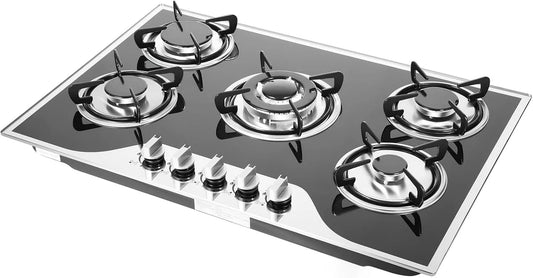 SanBouSi 5-flammig 5-flamme, Kogeplader, 7500W Glas Gas Kochfeld, Bygning-i hob med Wok- Brenner Gas Building-i Autark, Sort, 7500W, 3kW