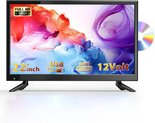DESOBRY, Bærbare TV'er, 22 tommer Lille TV med integreret DVD-afspiller, Sort, 32G, 12V