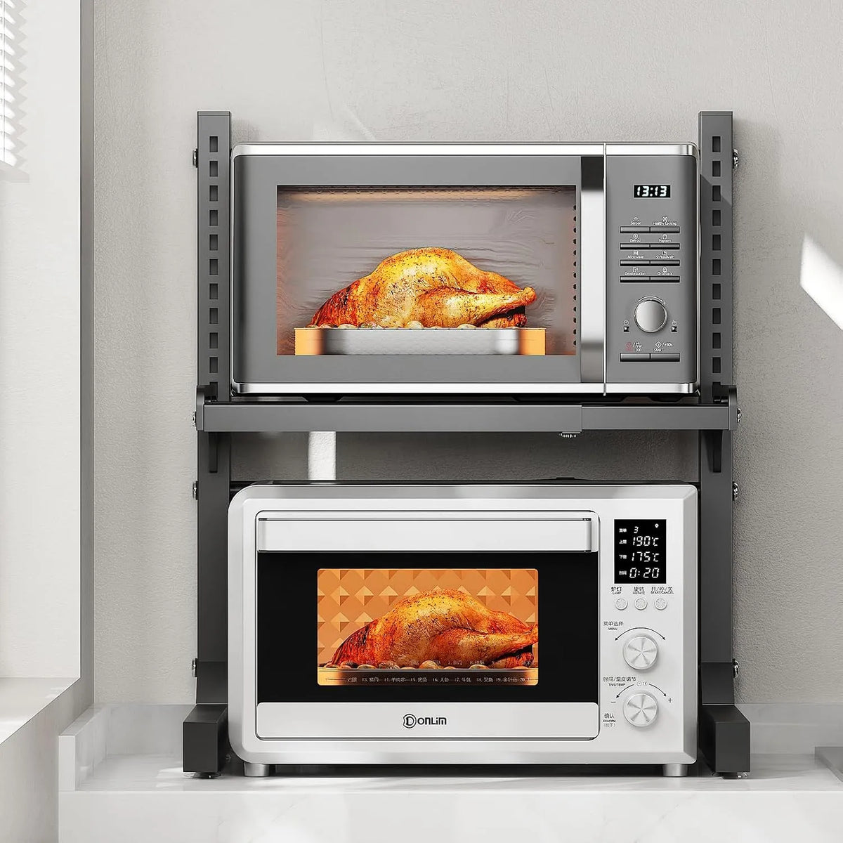 ABCOOL, Stående hylder, Udtrækkelig justerbar 2 Axis Køkken Baker Mikrobølgeovn Køkken Rack, 1 Niveauer, Sort / sølv, 60 cm, 32 cm, 50 kg, 110l